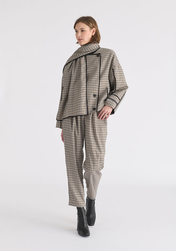 Double Breasted Check Jacket with Matching Scarf in Brown, White and Black Front